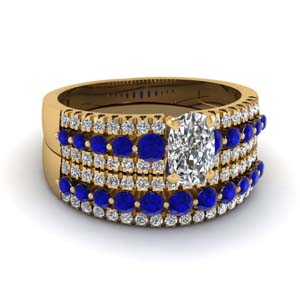 triple row cushion cut diamond wedding ring sets  with blue sapphire in 14K yellow gold FDENS3014CUGSABL NL YG