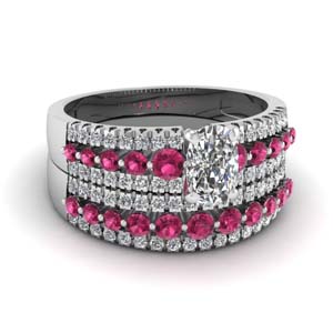 triple row cushion cut diamond wedding ring sets  with dark pink sapphire in 14K white gold FDENS3014CUGSADRPI NL WG