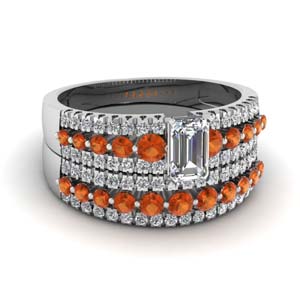 triple row emerald cut diamond wedding ring sets  with orange sapphire in 14K white gold FDENS3014EMGSAOR NL WG