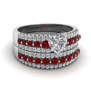 triple row heart shaped diamond wedding ring sets  with red ruby in 14K white gold FDENS3014HTGRUDR NL WG
