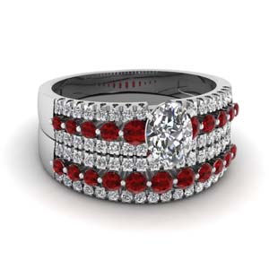 triple row oval shaped diamond wedding ring sets  with red ruby in 14K white gold FDENS3014OVGRUDR NL WG