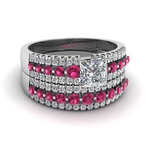 triple row princess cut diamond wedding ring sets  with dark pink sapphire in 14K white gold FDENS3014PRGSADRPI NL WG