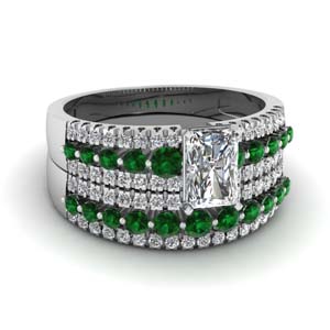 triple row radiant cut diamond wedding ring sets  with green emerald in 14K white gold FDENS3014RAGEMGR NL WG