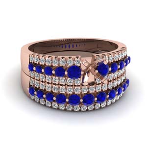 semi mount white diamond triple row wedding ring sets with blue sapphire in 14K rose gold FDENS3014SMGSABL NL RG