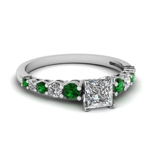 graduated princess cut diamond engagement ring with emerald in FDENS3056PRRGEMGR NL WG