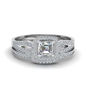 Split Asscher Diamond Halo Ring Set