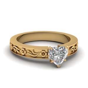 heart shaped flower engraved solitaire engagement ring in FDENS3500HTR NL YG