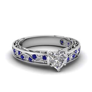 1 Ct. diamond Vintage Looking Heart Shaped Engagement Ring With Sapphire In  14K White Gold
