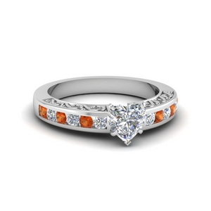 heart shaped channel set diamond vintage engagement ring with orange sapphire in FDENS817HTRGSAOR NL WG