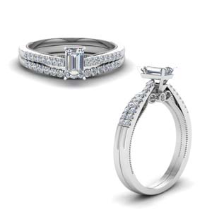 emerald cut high set milgrain diamond wedding ring set in FDO50845EMANGLE1 NL WG