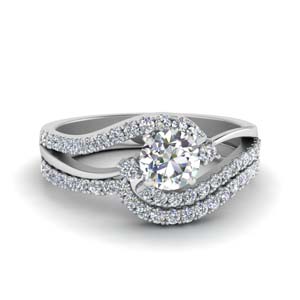 round cut 3 stone diamond swirl bridal set in 14K white gold FDO50895RO NL WG