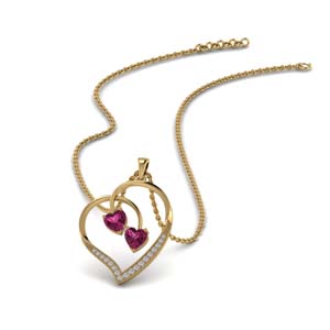 Pink Sapphire Dual Heart Diamond Pendant