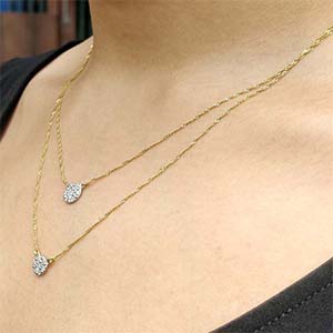 Cluster Diamond Double Chain Necklace In 14K Yellow Gold